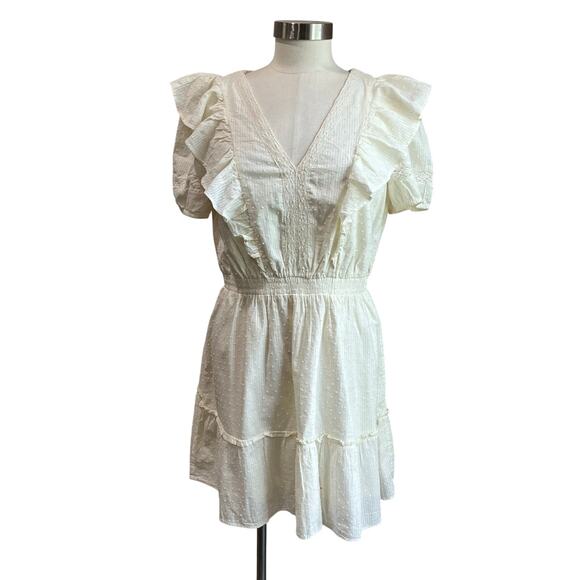 Lauren Conrad V Neck Cream Ruffle Cottagecore Mini Dress Sz M - Picture 2 of 8